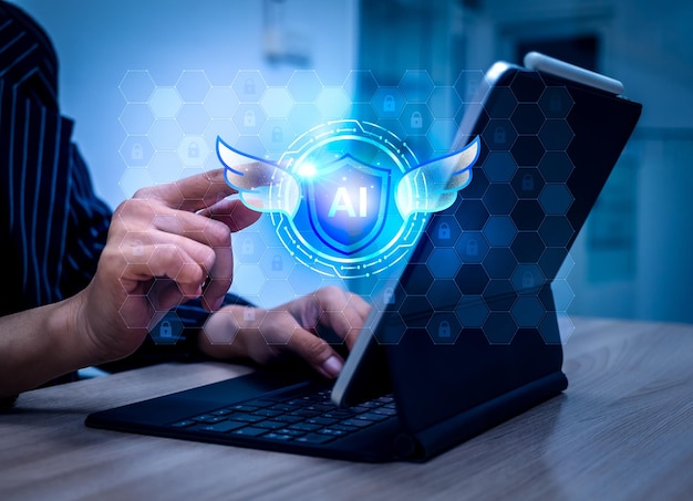 Guardian agents concept AI shield with wings and padlock icons appear while person work with computer AI agents working to monitoring with optimize and enhance the performance of digital business