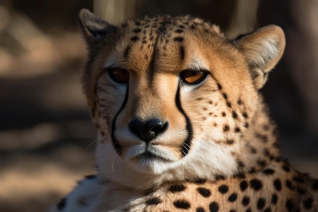 Un guépard au nez noir est assis dans une zone ensoleillée.