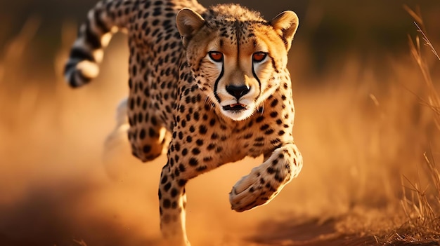 Un guépard courant dans l'herbe avec un oeil rouge