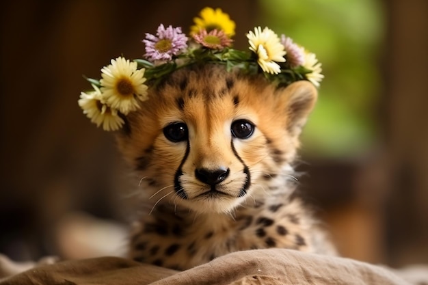 un guépard avec une couronne de fleurs sur la tête