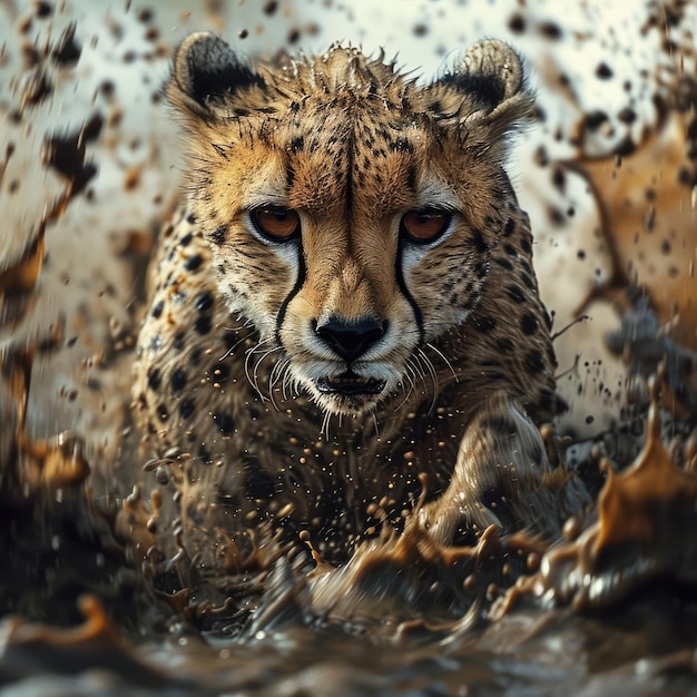 Le guépard court rapidement à travers l'eau sale devant la photo dynamique et la puissance du prédateur sauvage