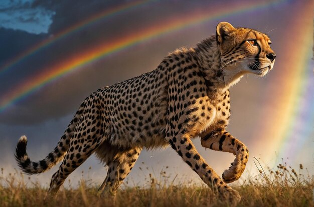 Le guépard court sous le ciel arc-en-ciel