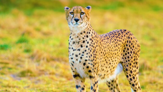 Un guépard dans un champ avec le soleil qui brille sur son dos