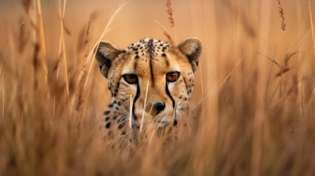 Un guépard derrière l'herbe traque sa proie