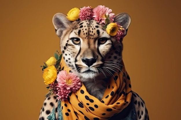 Guépard élégant portant une écharpe avec des fleurs sur un fond coloré Generative AI