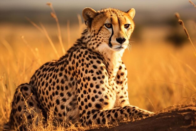 un guépard est assis dans l'herbe devant un coucher de soleil