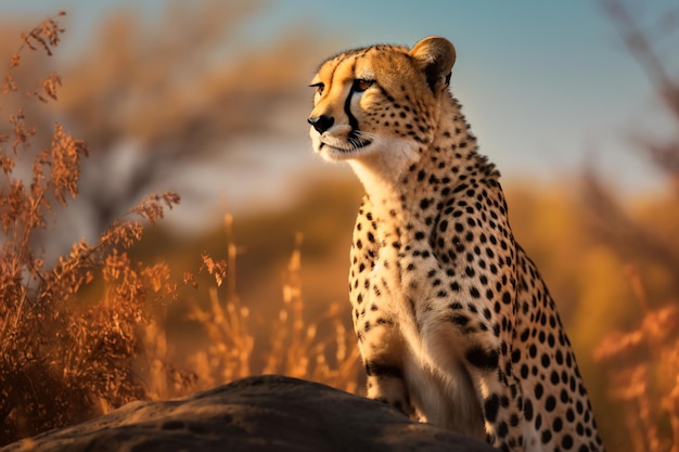 Un guépard est assis sur un rocher dans le désert.