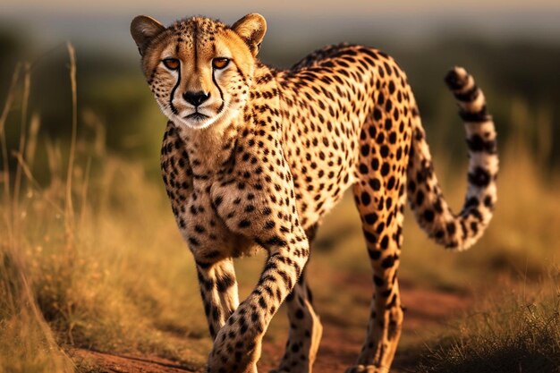 un guépard marche sur une route de terre