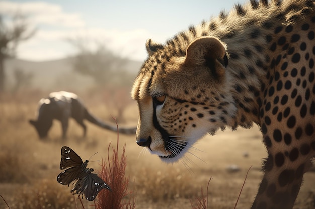 Un guépard et un papillon sont vus dans une scène animalière.