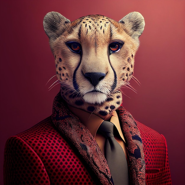 Un guépard portant un costume rouge et une veste rouge.