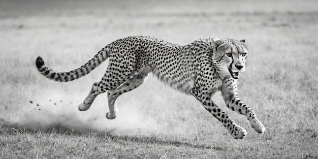 Le guépard qui court sur l'herbe en noir et blanc