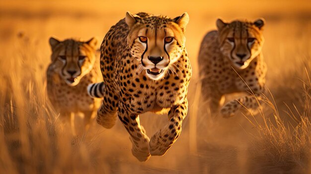 Des guépards furtifs courent à travers la savane dorée à la poursuite de leur proie.