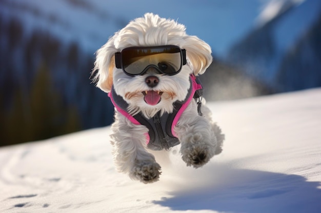 guérissez un petit chien blanc portant un masque de neige qui court dans la neige