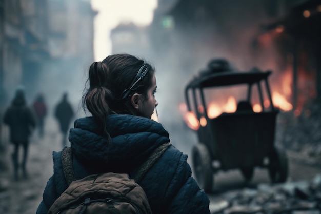 La guerre comme signe de solitude et d'orphelin Maisons détruites Épave de bâtiments dans la rue Pertes terribles après une catastrophe ou une guerre Douleur et souffrance Désolation et abandon