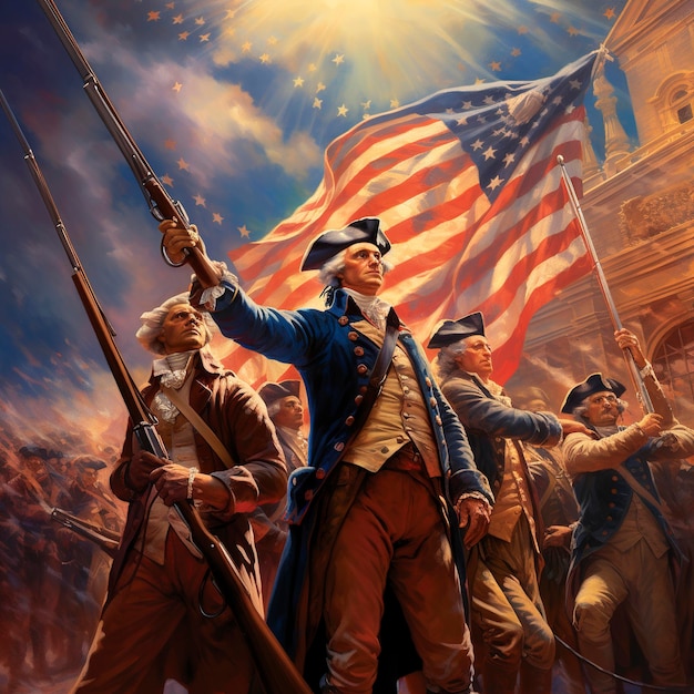 Guerre d'Indépendance de la Révolution américaine Chevaux de champ de bataille fusils et drapeau américain