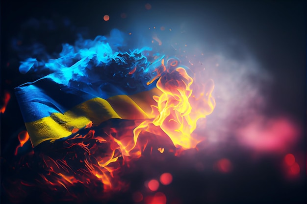 Guerre en Ukraine Concept Brûler le drapeau ukrainien Generative AI