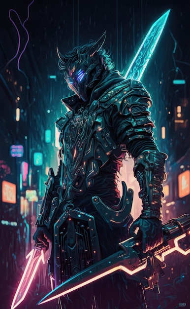 Un guerrier cyberpunk se tient parmi les néons lumineux d'une ville futuriste Dans une main, ils tiennent une épée cybernétique dont la lame émet une lueur lumineuse au néon AI générative