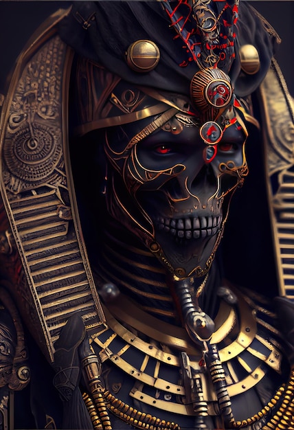 Un guerrier égyptien steampunk couvert de peau de porcelaine noire