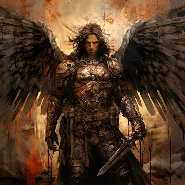 un guerrier avec une épée et un ange avec une épee à la main