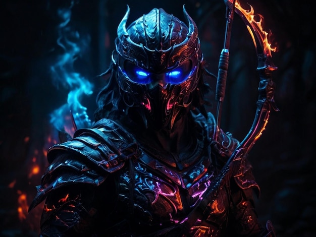 un guerrier avec une épée à la main se tient devant un fond sombre