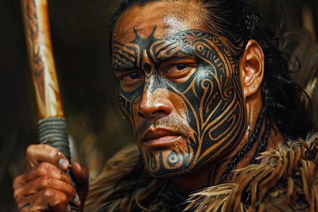 Un guerrier maori avec des tatouages sur le visage