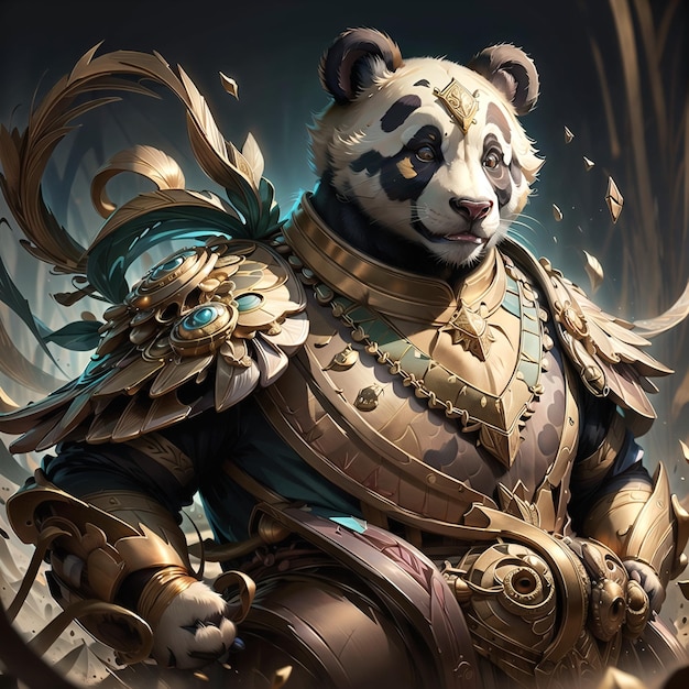 Un guerrier panda avec une armure d'or et une épée.