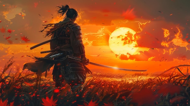 Photo le guerrier samouraï au coucher du soleil