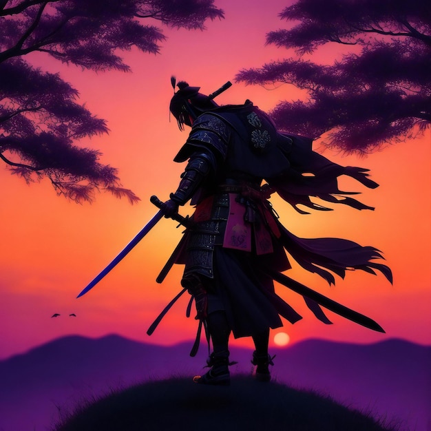 Un guerrier samouraï dans un champ d'herbe avec des corbeaux et un coucher de soleil