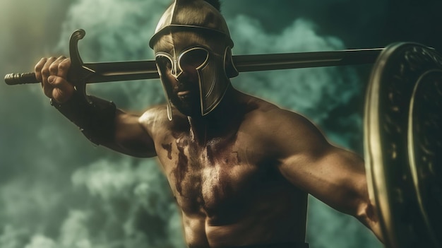 Photo le guerrier spartiate brandit son épée et son bouclier, prêt pour la bataille.