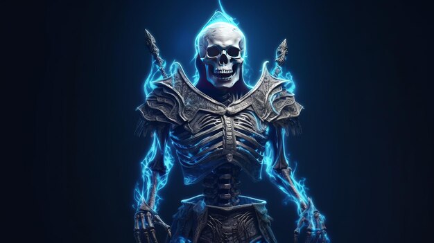 Un guerrier squelettique tenant une épée sur un fond sombre