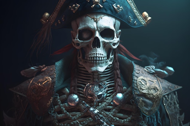 Guerrier avec tête de mort et chapeau classique de pirate sur fond sombre Réseau de neurones généré par l'IA