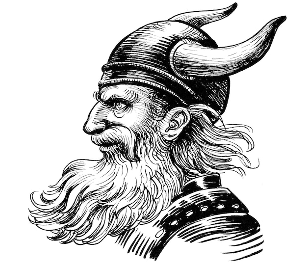 Guerrier viking. Dessin noir et blanc à l'encre