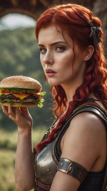 Une guerrière aux cheveux roux avec un hamburger à l'arc.