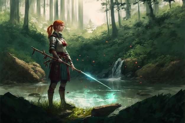 Guerrière fantastique avec une épée près d'un étang
