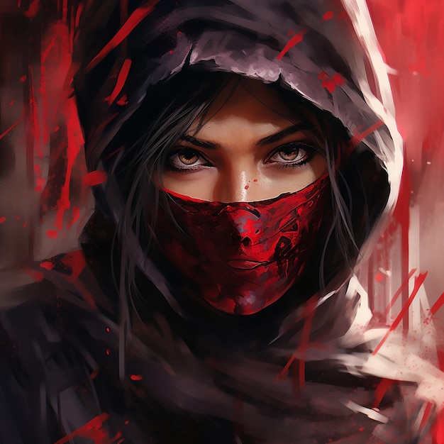 Une guerrière ninja féminine féroce aux yeux rouges brillants.