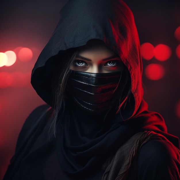 Photo une guerrière ninja féminine féroce aux yeux rouges brillants.