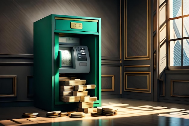 Guichet automatique 3D L'argent sort et l'argent tombe par terre