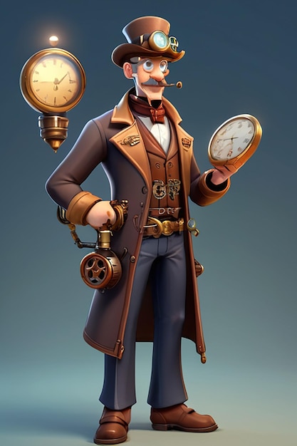 Guide d'illustration d'animation 3D du personnage de dessin animé Steampunk Inventor