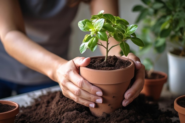 Photo le guide de la main verte un tutoriel étape par étape sur le rempotage du jardin domestique pour la transplantation de plantes d'intérieur