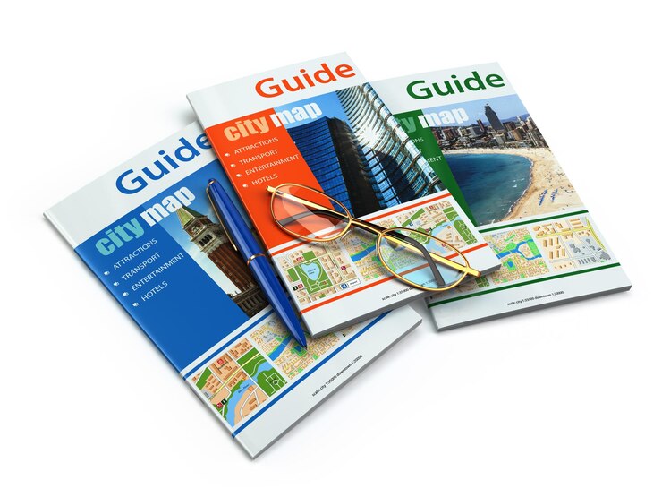 Photo guides de voyage sur fond blanc isolé. 3d