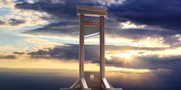 Photo guillotine sur fond de ciel de lever de soleil illustration 3d