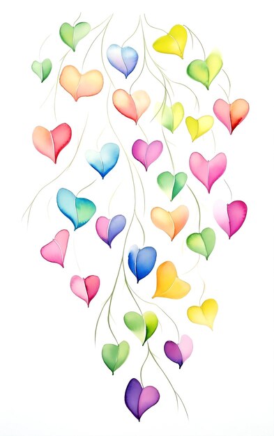 Une guirlande d'aquarelle de cœurs et de feuilles de couleurs pour la Saint-Valentin