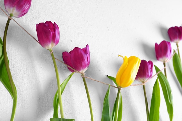 Guirlande créative avec des tulipes lilas sur fond blanc