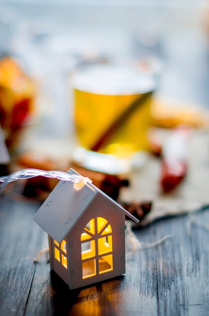 Guirlande décorative de Noël magique avec des lumières, fond d'hiver avec Silhouette