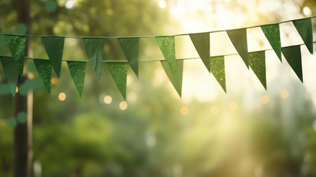 Guirlande de drapeaux verts sur un fond flou Guirlande festive avec des lumières