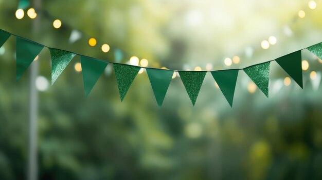 Guirlande de drapeaux verts sur un fond flou Guirlande festive avec des lumières