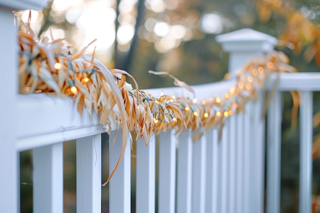 Une guirlande festive de coquilles de maïs enveloppée autour d'un escalier ou d'un porche