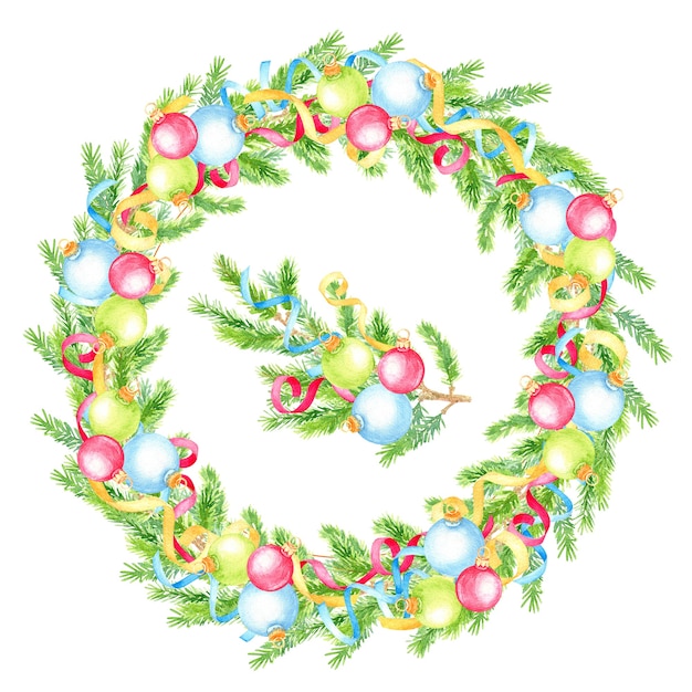 Guirlande de Noël aquarelle peinte à la main avec des branches de sapin et des boules de Noël.