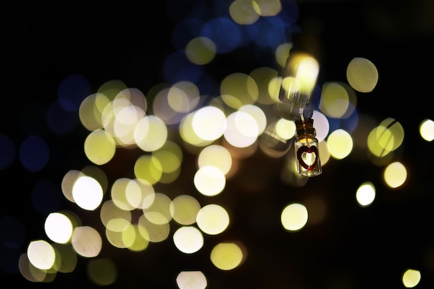 Guirlande de Noël de bouteilles en verre, bocaux avec une plante à l'intérieur. Concept de nouvel an et de Noël. Une guirlande d'ampoules avec une belle lumière et un bokeh