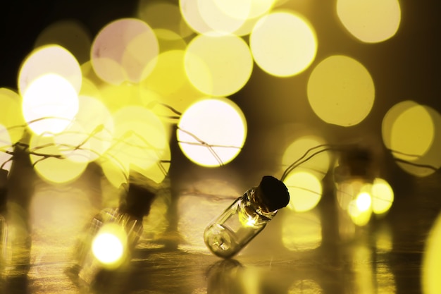 Guirlande de Noël de bouteilles en verre, bocaux avec une plante à l'intérieur. Concept de nouvel an et de Noël. Une guirlande d'ampoules avec une belle lumière et un bokeh